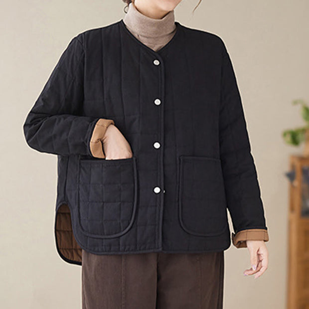 Buddha Stones Retro Plain Women's Thick Cotton Coat Jacket With Pockets - Black - US14，UK/AU18，EU46 (2XL) - image 1