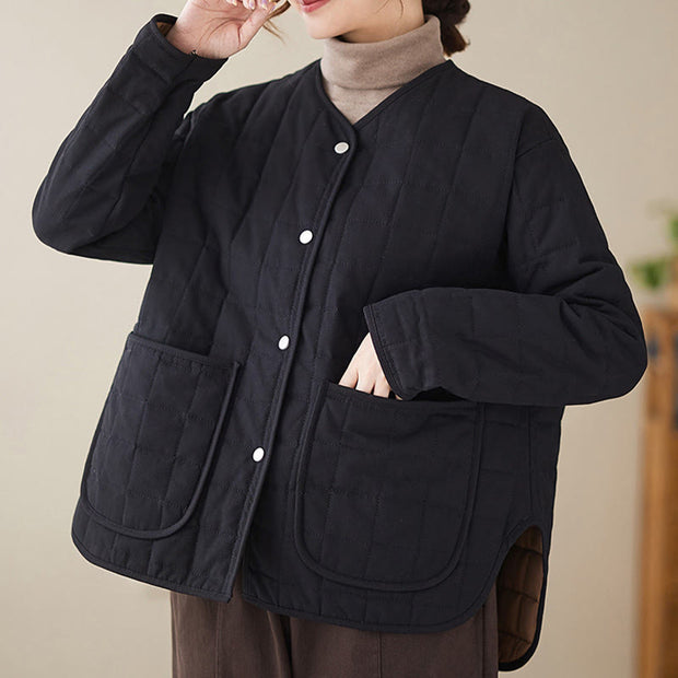 Buddha Stones Retro Plain Women's Thick Cotton Coat Jacket With Pockets - image 8