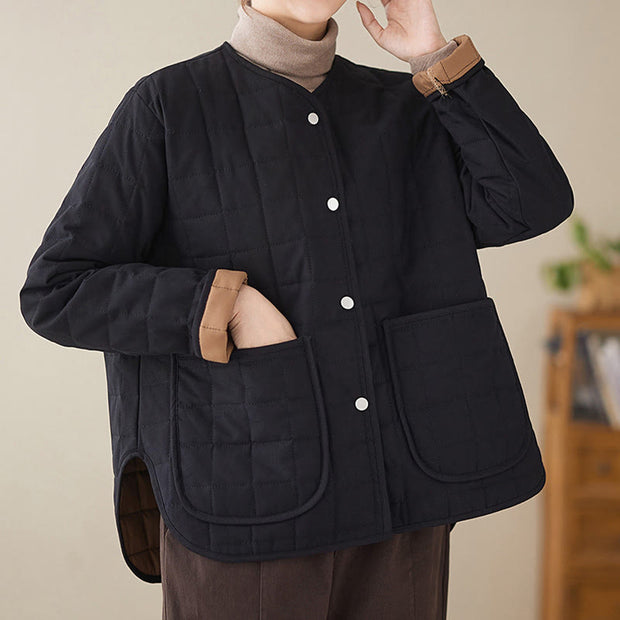 Buddha Stones Retro Plain Women's Thick Cotton Coat Jacket With Pockets - image 5