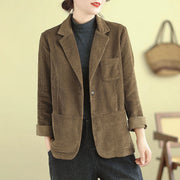 Buddha Stones Retro Plain Women's Cotton Corduroy Blazer Jacket With Pockets - DarkGoldenrod - US12，UK/AU16，EU44 (2XL) - image 1