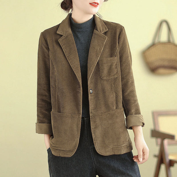 Buddha Stones Retro Plain Women's Cotton Corduroy Blazer Jacket With Pockets - DarkGoldenrod - US12，UK/AU16，EU44 (2XL) - image 1