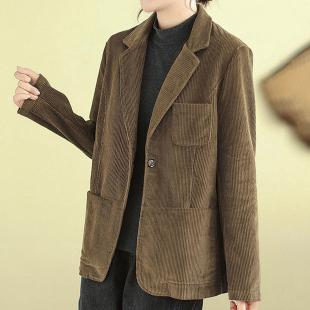 Buddha Stones Retro Plain Women's Cotton Corduroy Blazer Jacket With Pockets - image 4