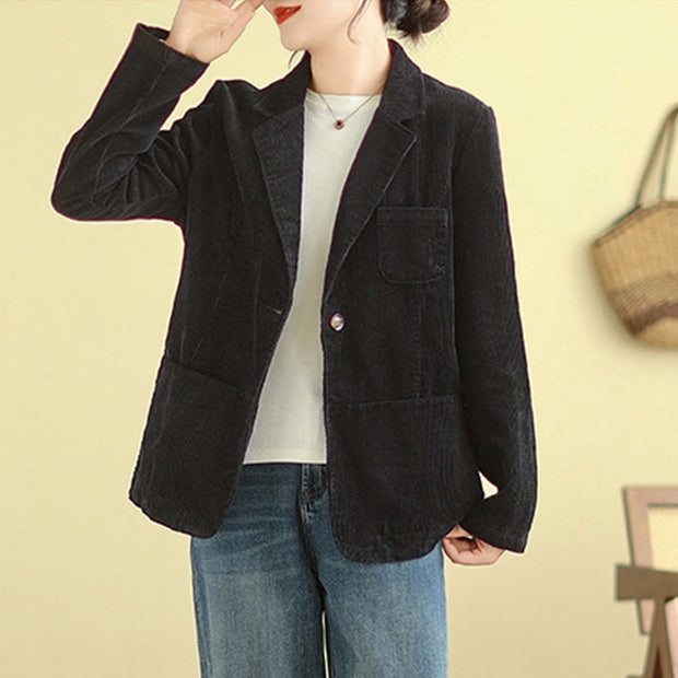 Buddha Stones Retro Plain Women's Cotton Corduroy Blazer Jacket With Pockets - image 26