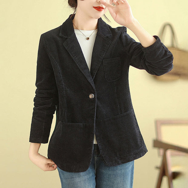 Buddha Stones Retro Plain Women's Cotton Corduroy Blazer Jacket With Pockets - image 24