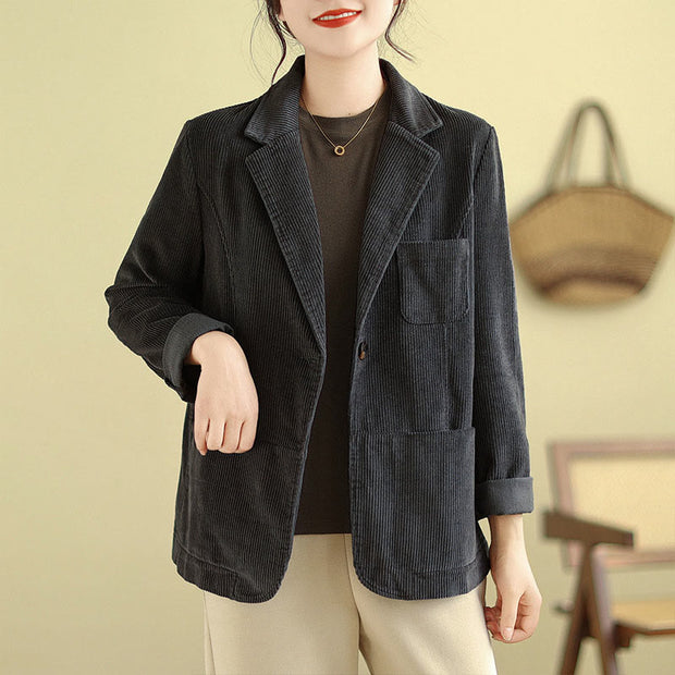 Buddha Stones Retro Plain Women's Cotton Corduroy Blazer Jacket With Pockets - DimGray - US12，UK/AU16，EU44 (2XL) - image 12