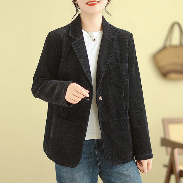Buddha Stones Retro Plain Women's Cotton Corduroy Blazer Jacket With Pockets - image 27
