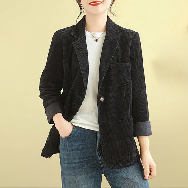 Buddha Stones Retro Plain Women's Cotton Corduroy Blazer Jacket With Pockets - Black - US12，UK/AU16，EU44 (2XL) - image 23