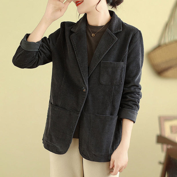 Buddha Stones Retro Plain Women's Cotton Corduroy Blazer Jacket With Pockets - image 13