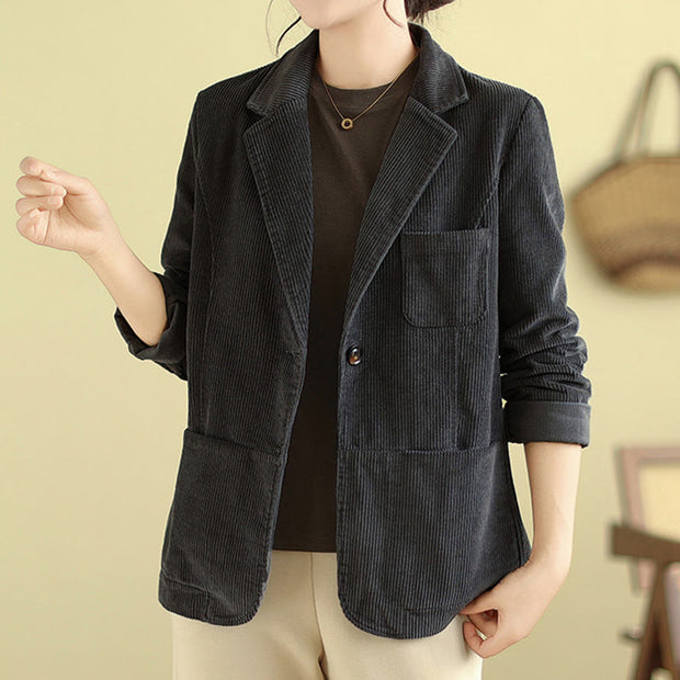 Buddha Stones Retro Plain Women's Cotton Corduroy Blazer Jacket With Pockets - image 14