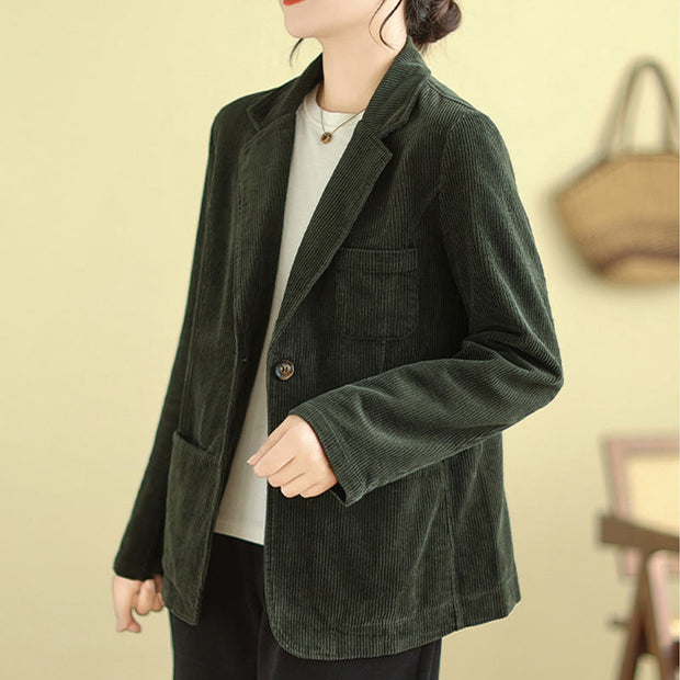 Buddha Stones Retro Plain Women's Cotton Corduroy Blazer Jacket With Pockets - image 20