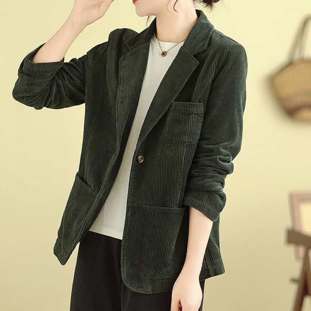 Buddha Stones Retro Plain Women's Cotton Corduroy Blazer Jacket With Pockets - DarkOliveGreen - US12，UK/AU16，EU44 (2XL) - image 18