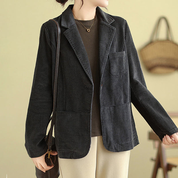 Buddha Stones Retro Plain Women's Cotton Corduroy Blazer Jacket With Pockets - image 15