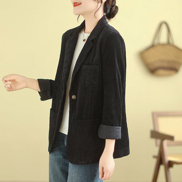 Buddha Stones Retro Plain Women's Cotton Corduroy Blazer Jacket With Pockets - image 28