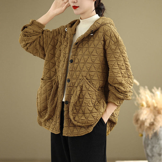 Buddha Stones Retro Rhombic Pattern Women's Acrylic Hooded Jacket With Pockets - image 4
