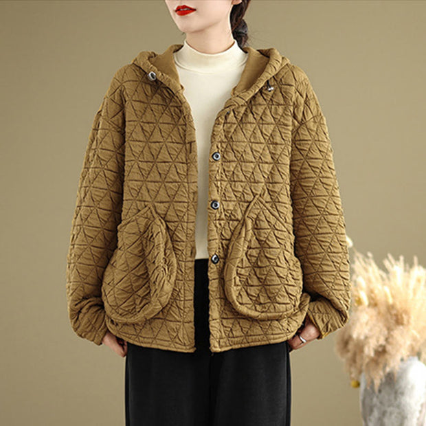 Buddha Stones Retro Rhombic Pattern Women's Acrylic Hooded Jacket With Pockets - image 5