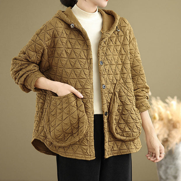 Buddha Stones Retro Rhombic Pattern Women's Acrylic Hooded Jacket With Pockets - image 2