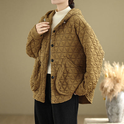 Buddha Stones Retro Rhombic Pattern Women's Acrylic Hooded Jacket With Pockets - Goldenrod - US14，UK/AU18，EU46 (2XL) - image 1
