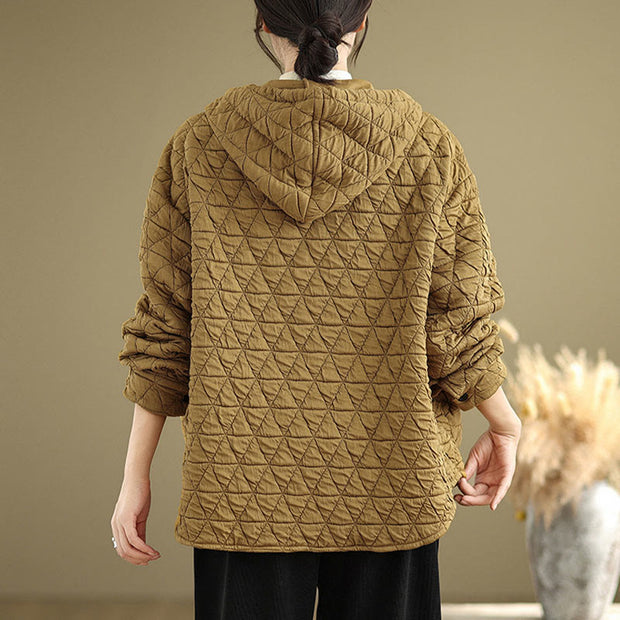 Buddha Stones Retro Rhombic Pattern Women's Acrylic Hooded Jacket With Pockets - image 6