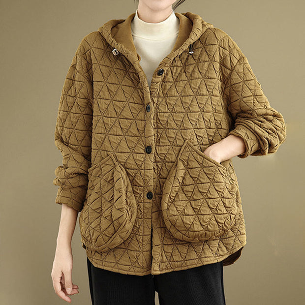 Buddha Stones Retro Rhombic Pattern Women's Acrylic Hooded Jacket With Pockets - image 3