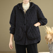 Buddha Stones Retro Rhombic Pattern Women's Acrylic Hooded Jacket With Pockets - Black - US14，UK/AU18，EU46 (2XL) - image 9