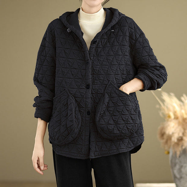 Buddha Stones Retro Rhombic Pattern Women's Acrylic Hooded Jacket With Pockets - Black - US14，UK/AU18，EU46 (2XL) - image 9