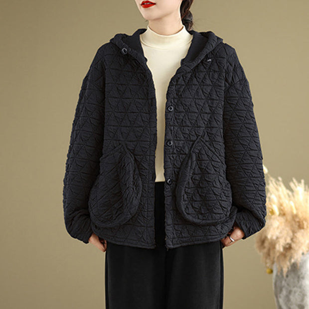 Buddha Stones Retro Rhombic Pattern Women's Acrylic Hooded Jacket With Pockets - image 10