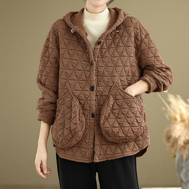 Buddha Stones Retro Rhombic Pattern Women's Acrylic Hooded Jacket With Pockets - image 13