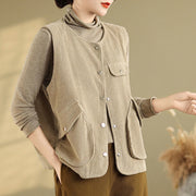 Buddha Stones Sleeveless Buttons Women's Cotton Vest Corduroy Waistcoat With Pockets - image 2