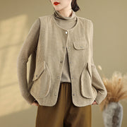 Buddha Stones Sleeveless Buttons Women's Cotton Vest Corduroy Waistcoat With Pockets - Wheat - US14，UK/AU18，EU46 (2XL) - image 1