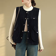 Buddha Stones Sleeveless Buttons Women's Cotton Vest Corduroy Waistcoat With Pockets - Black - US14，UK/AU18，EU46 (2XL) - image 7