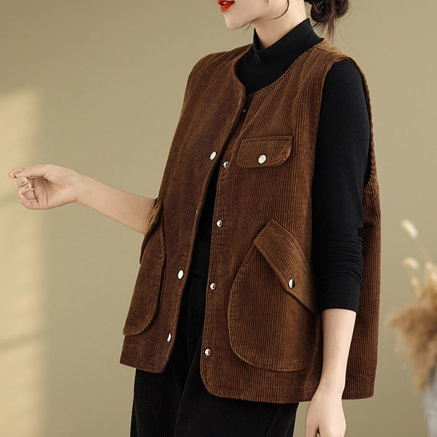 Buddha Stones Sleeveless Buttons Women's Cotton Vest Corduroy Waistcoat With Pockets - image 15