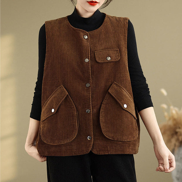 Buddha Stones Sleeveless Buttons Women's Cotton Vest Corduroy Waistcoat With Pockets - Maroon - US14，UK/AU18，EU46 (2XL) - image 10