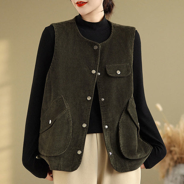 Buddha Stones Sleeveless Buttons Women's Cotton Vest Corduroy Waistcoat With Pockets - DarkOliveGreen - US14，UK/AU18，EU46 (2XL) - image 20