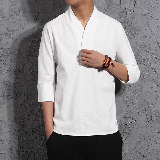 Buddha Stones Casual V-Neck Three Quarter Sleeve Shirt Cotton Men Clothing - image 4
