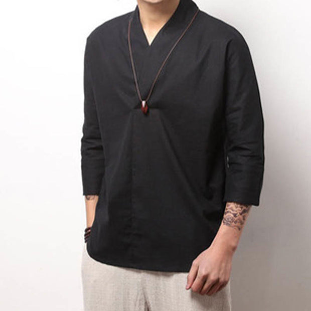 Buddha Stones Casual V-Neck Three Quarter Sleeve Shirt Cotton Men Clothing - image 7
