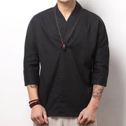 Buddha Stones Casual V-Neck Three Quarter Sleeve Shirt Cotton Men Clothing - Black - US/UK/AU46，EU56 (5XL) - image 6