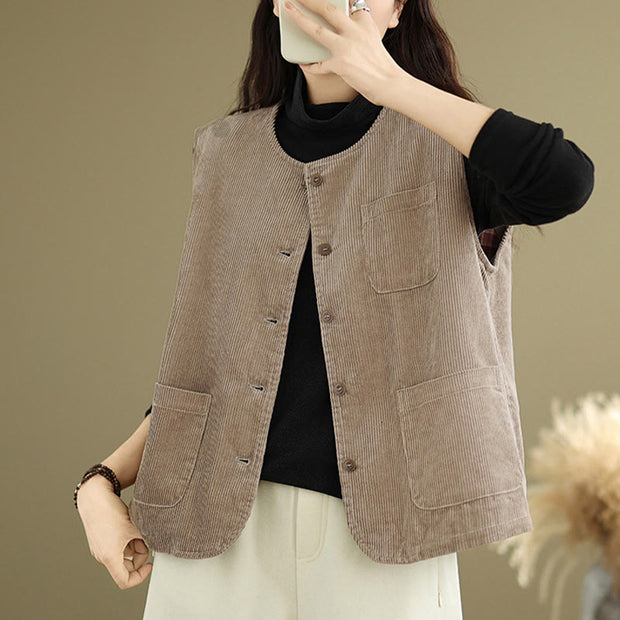 Buddha Stones Corduroy Buttons Women's Cotton Vest Waistcoat With Pockets - image 6