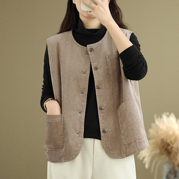 Buddha Stones Corduroy Buttons Women's Cotton Vest Waistcoat With Pockets - image 3