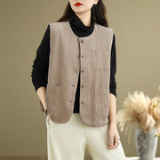 Buddha Stones Corduroy Buttons Women's Cotton Vest Waistcoat With Pockets - Tan - US8-10，UK/AU12-14，EU40-42 (2XL) - image 1