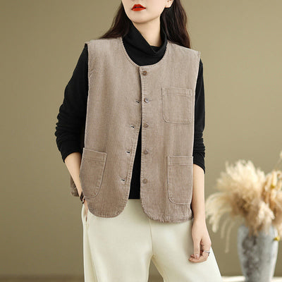 Buddha Stones Corduroy Buttons Women's Cotton Vest Waistcoat With Pockets - Tan - US8-10，UK/AU12-14，EU40-42 (2XL) - image 1