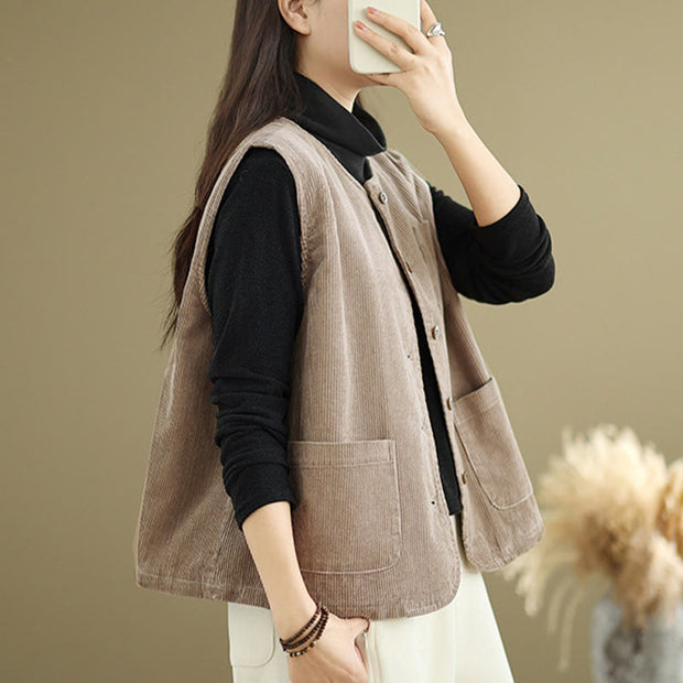 Buddha Stones Corduroy Buttons Women's Cotton Vest Waistcoat With Pockets - image 5