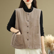 Buddha Stones Corduroy Buttons Women's Cotton Vest Waistcoat With Pockets - image 4