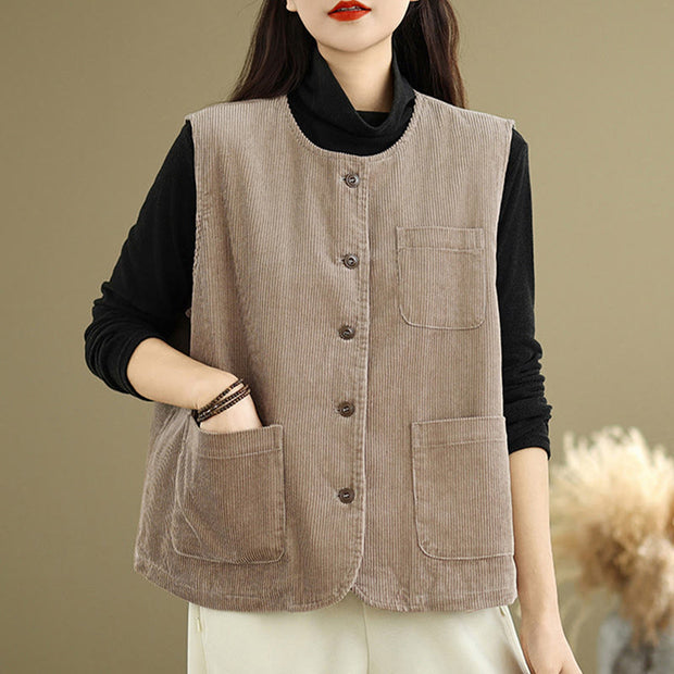Buddha Stones Corduroy Buttons Women's Cotton Vest Waistcoat With Pockets - image 4
