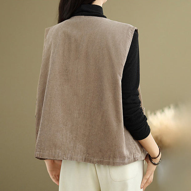 Buddha Stones Corduroy Buttons Women's Cotton Vest Waistcoat With Pockets - image 7