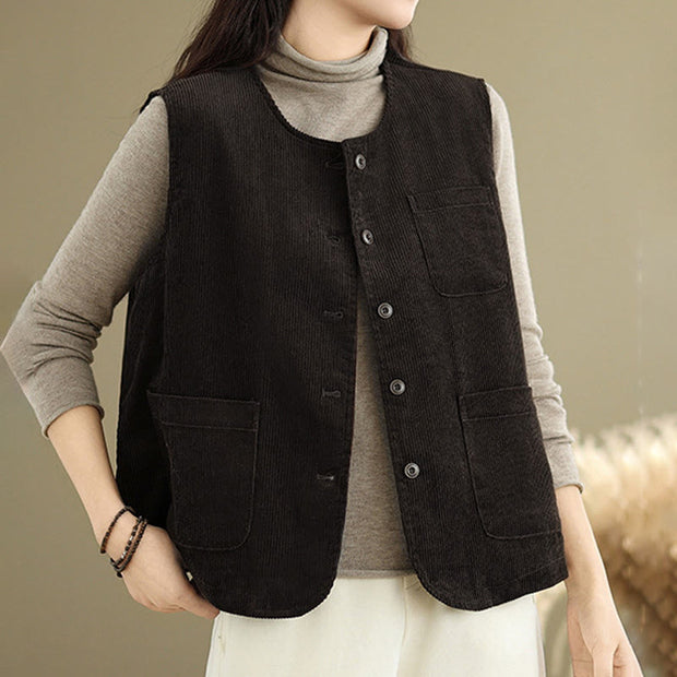 Buddha Stones Corduroy Buttons Women's Cotton Vest Waistcoat With Pockets - SaddleBrown - US8-10，UK/AU12-14，EU40-42 (2XL) - image 8