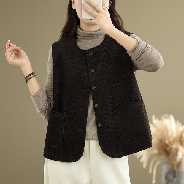 Buddha Stones Corduroy Buttons Women's Cotton Vest Waistcoat With Pockets - image 10