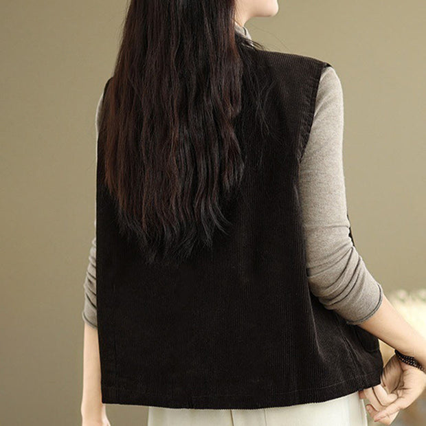 Buddha Stones Corduroy Buttons Women's Cotton Vest Waistcoat With Pockets - image 15