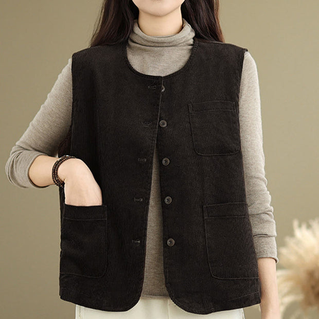 Buddha Stones Corduroy Buttons Women's Cotton Vest Waistcoat With Pockets - image 12