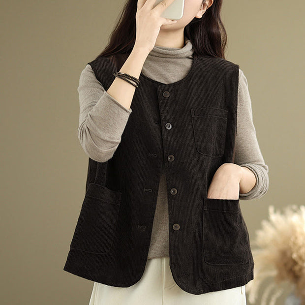 Buddha Stones Corduroy Buttons Women's Cotton Vest Waistcoat With Pockets - image 11