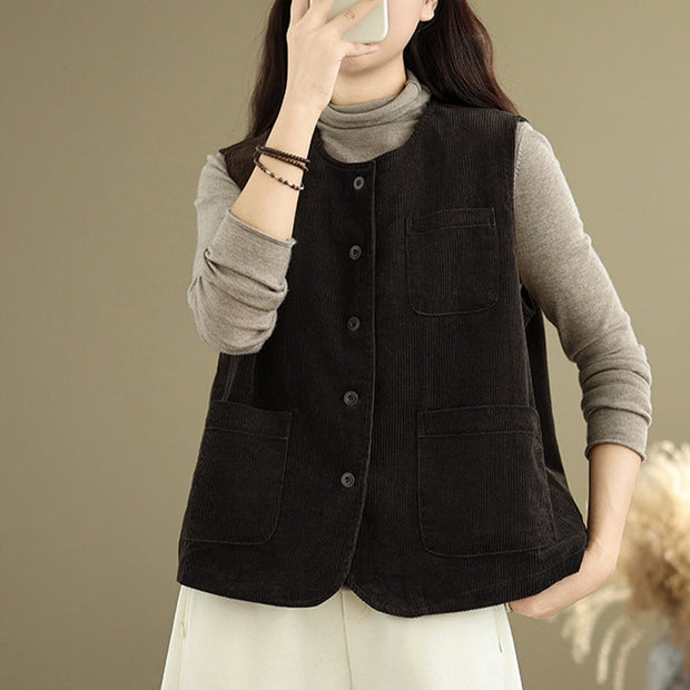 Buddha Stones Corduroy Buttons Women's Cotton Vest Waistcoat With Pockets - image 9